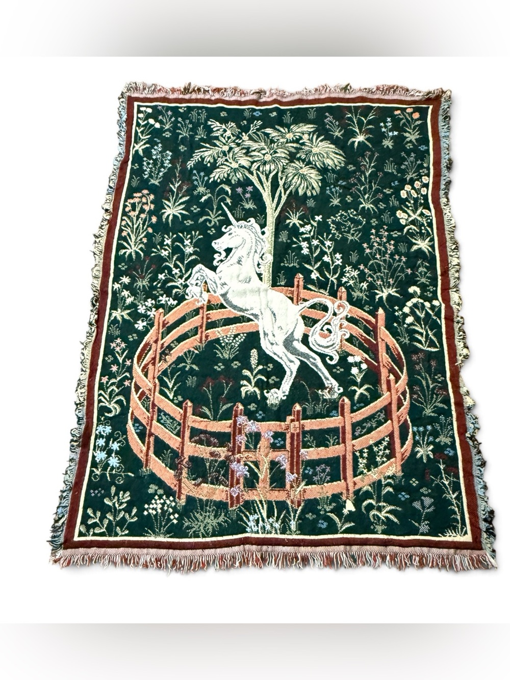 Unicorn in Captivity Tapestry Woven Throw Green Red White